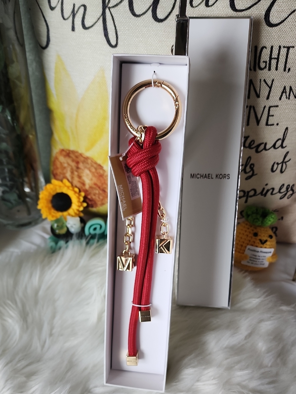 Michael Kors Red Knot Tassel Keychain with Gold Accents